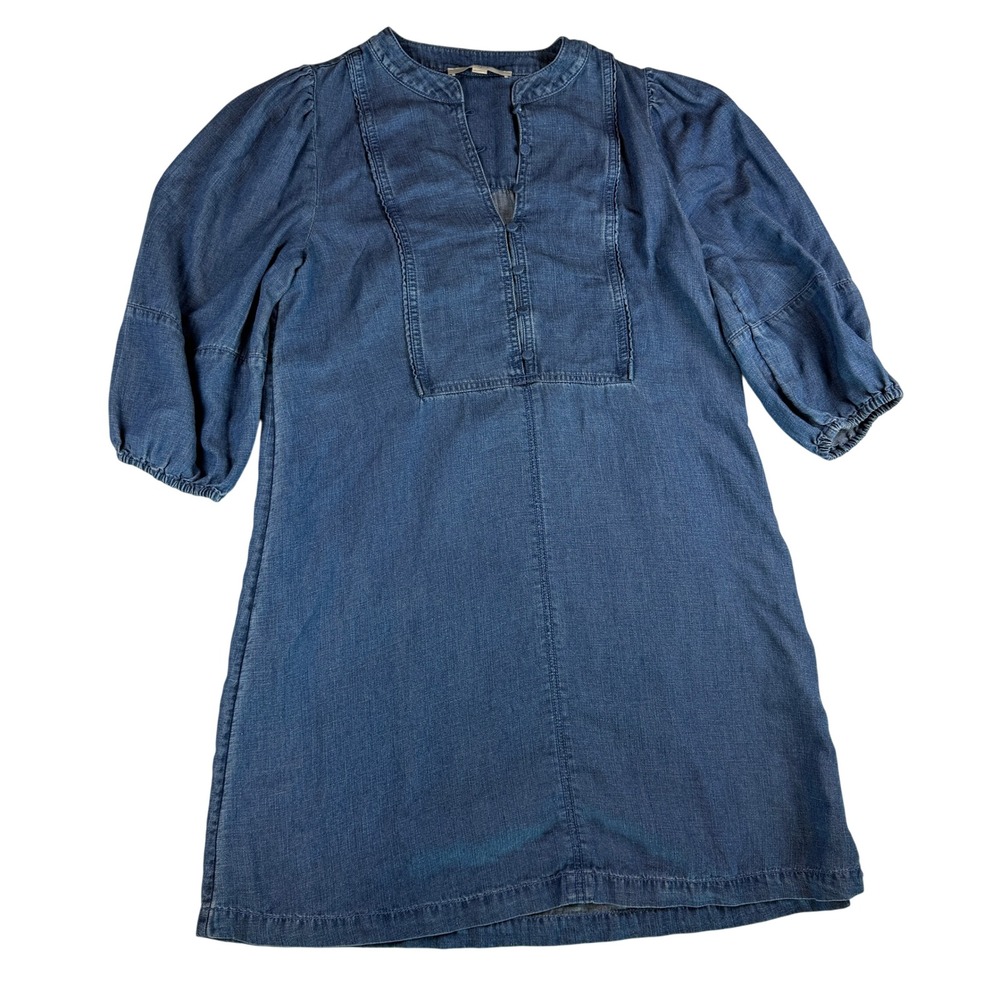 LOFT Women Blue Linen Blend Chambray Shift Dress Puff Sleeve Size S